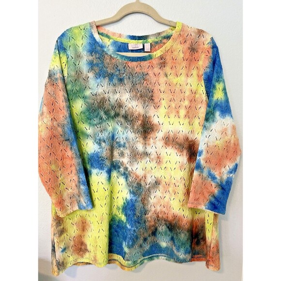 LOGO QVC Knit Eyelet Tie-Dye Top Wild Lime Size M 3/4 Sleeve Stretchy Tee - New - Picture 2 of 11